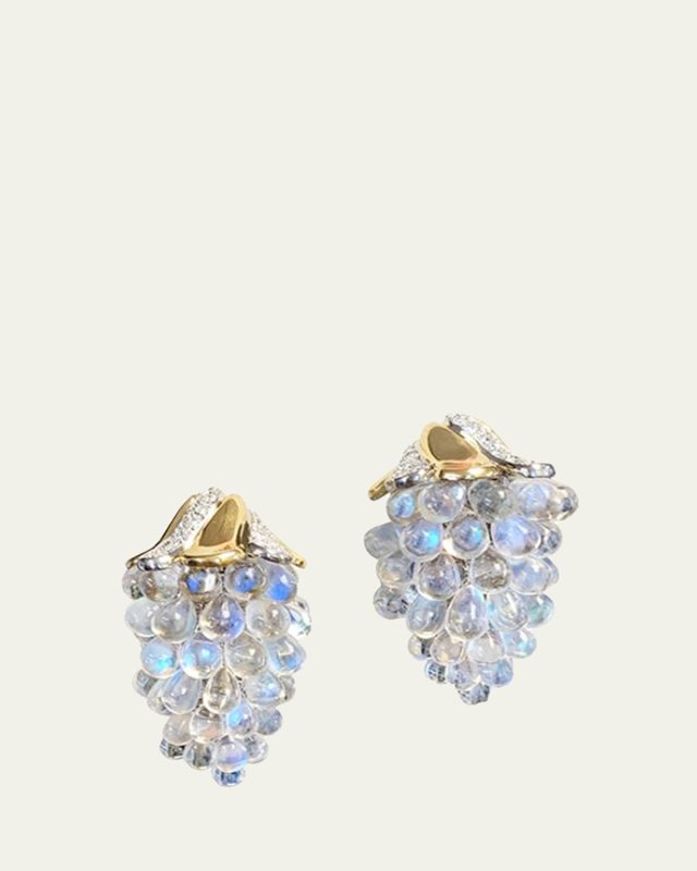 Pair Of Rainbow Moonstone (93.78 TCW) Gold Platinum & Diamond (1.05 TCW) Grape Earclips